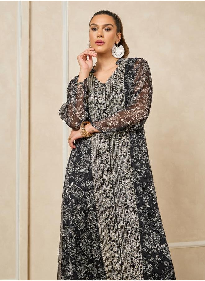 Styli - Printed V-Neck Embroidered A-Line Jalabayia - Image 1