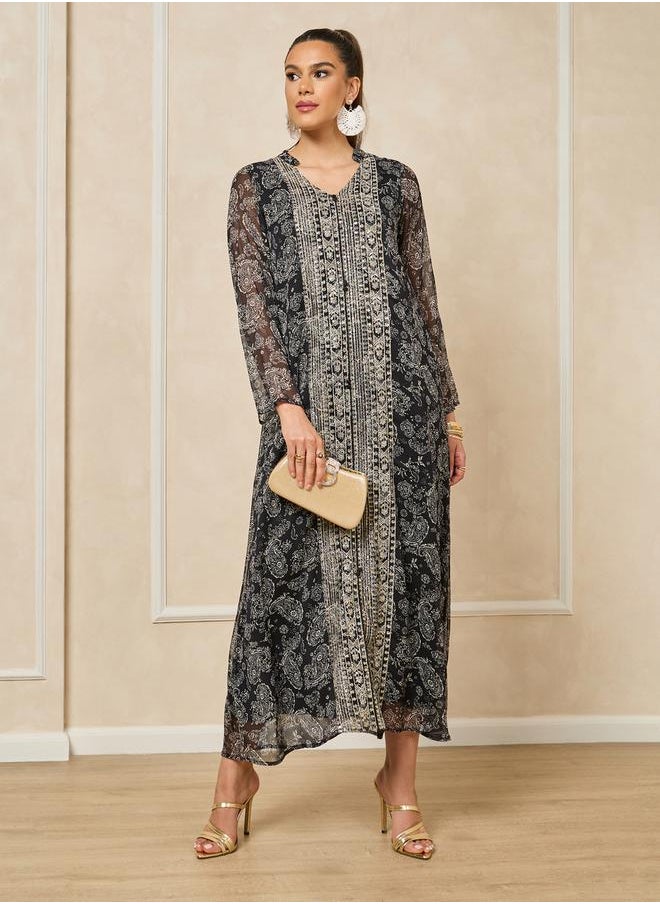 Styli - Printed V-Neck Embroidered A-Line Jalabayia - Image 1