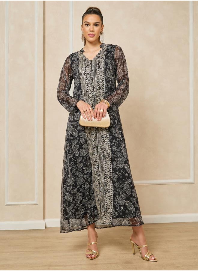 Styli - Printed V-Neck Embroidered A-Line Jalabayia - Image 1