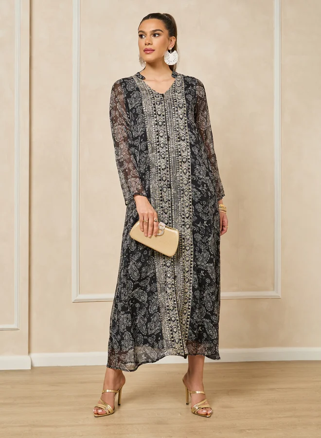 Amirah Printed V-Neck Embroidered A-Line Jalabayia