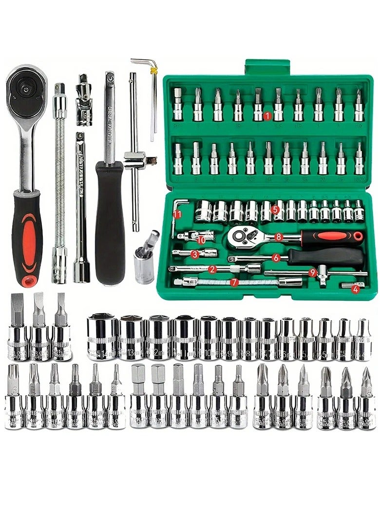 AROAQ Drive Socket Set, Portable Ratchet Wrench Set With Sockets, Strong And Durable Mechanic Tool Kits, Universal Hardware Tool Kit With High End Tool Box For Auto House Repair, (46pcs) - Image 1