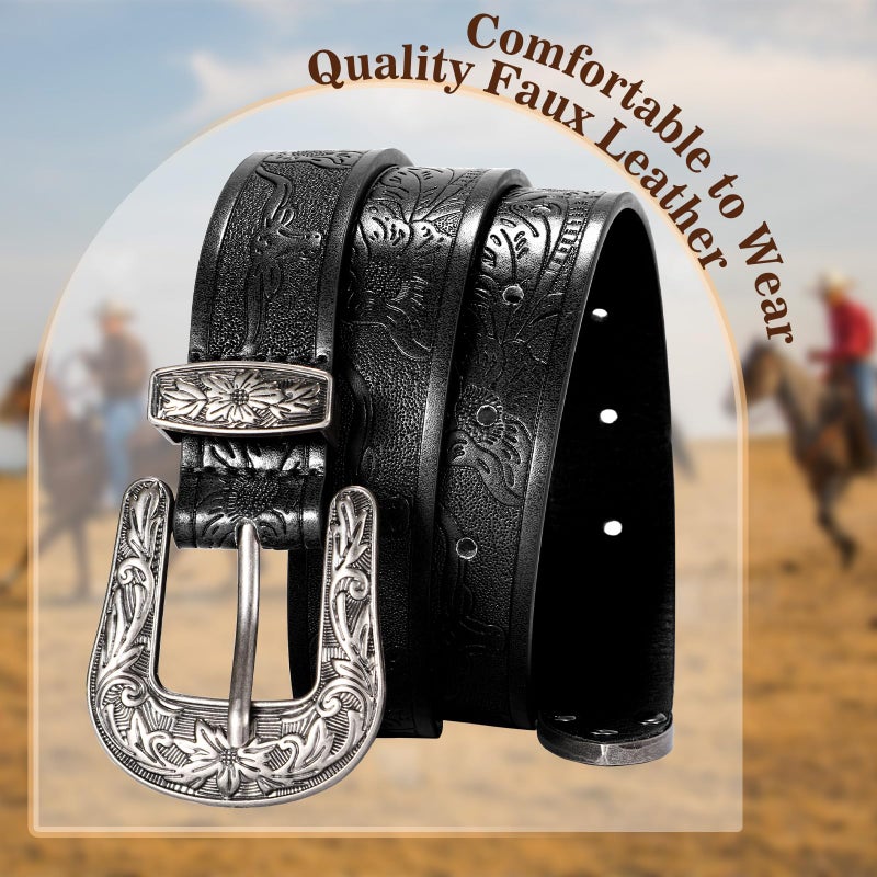 SANSTHS Western Belt For Women, Womens Cowboy Belt For Pants Jeans With Vintage Floral Carved Design, Black XS - Image 5