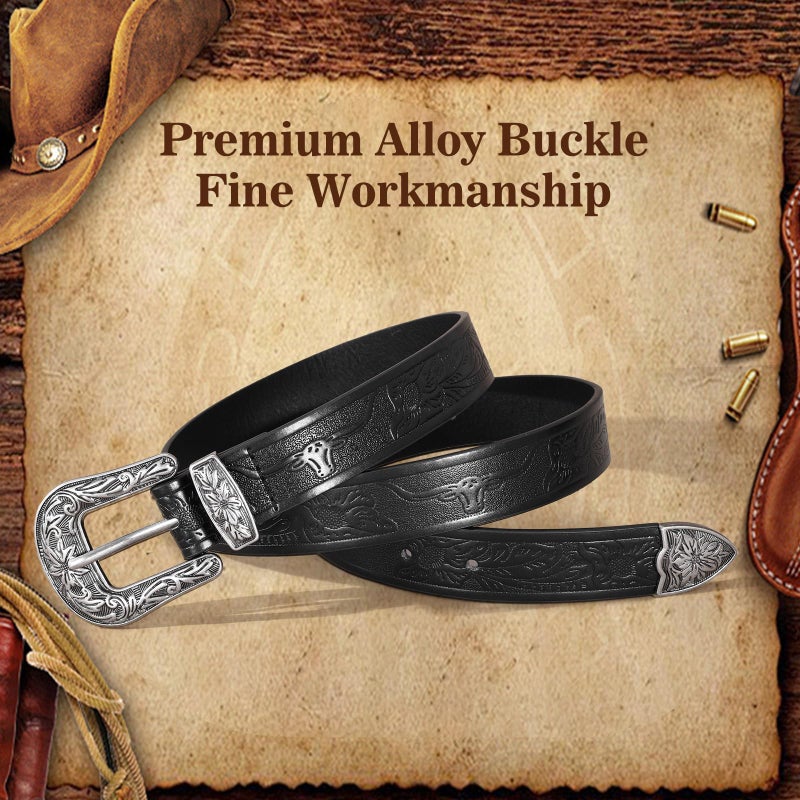 SANSTHS Western Belt For Women, Womens Cowboy Belt For Pants Jeans With Vintage Floral Carved Design, Black XS - Image 4