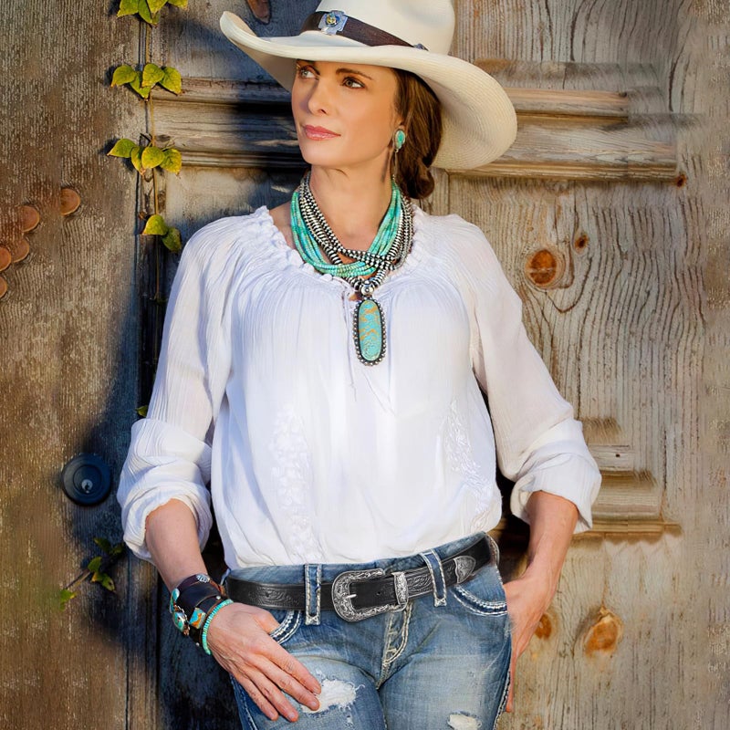 SANSTHS Western Belt For Women, Womens Cowboy Belt For Pants Jeans With Vintage Floral Carved Design, Black XS - Image 3