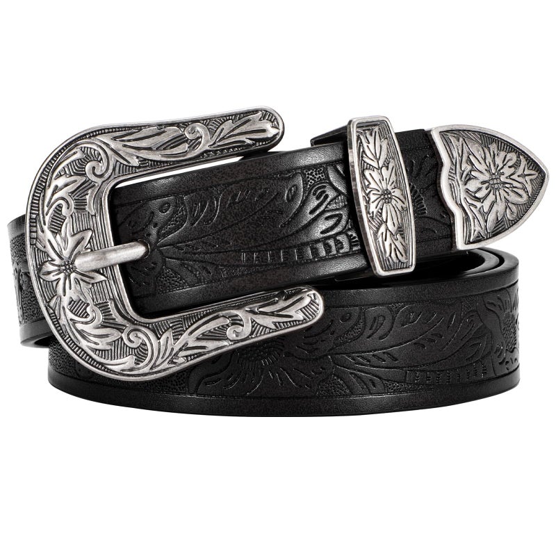 SANSTHS Western Belt For Women, Womens Cowboy Belt For Pants Jeans With Vintage Floral Carved Design, Black XS - Image 1