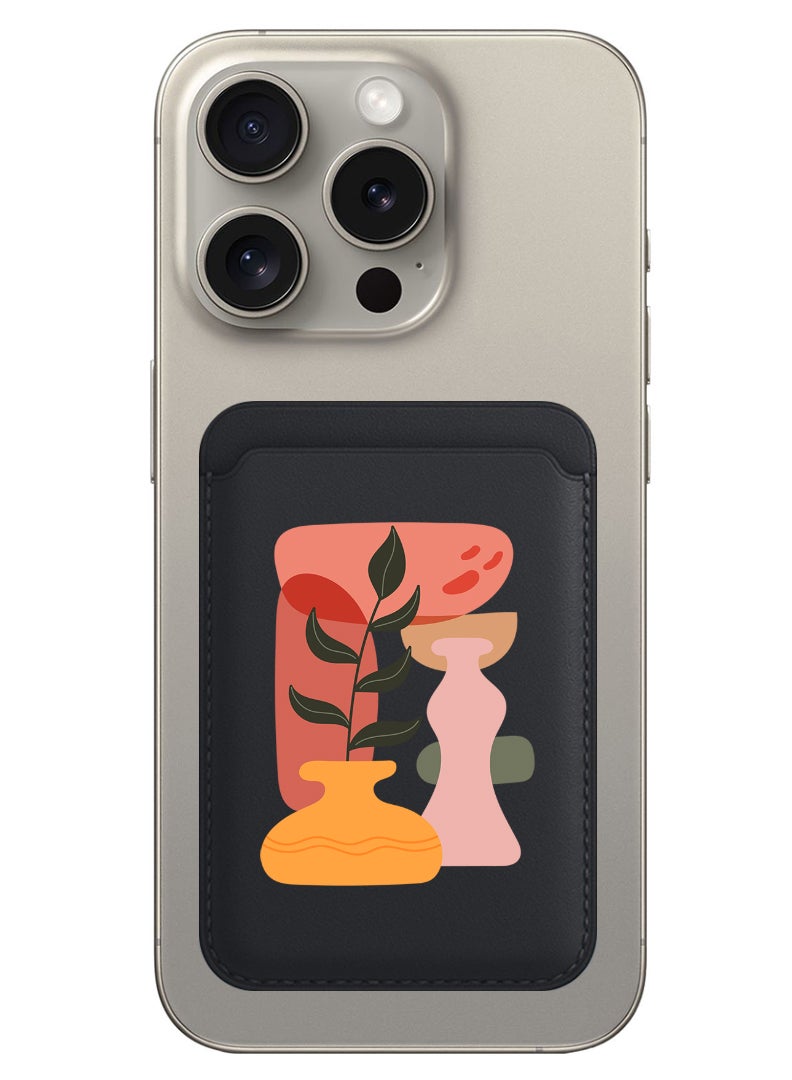 Theodor Magnetic Wallet, Compatible with MagSafe Wallet, for iPhone Wallet, for iPhone 16/15/14/13/12 Series, Not for iPhone 13/12 mini, 3 Card Holder, Vegan Leather, Black - Vase leaf - Image 1