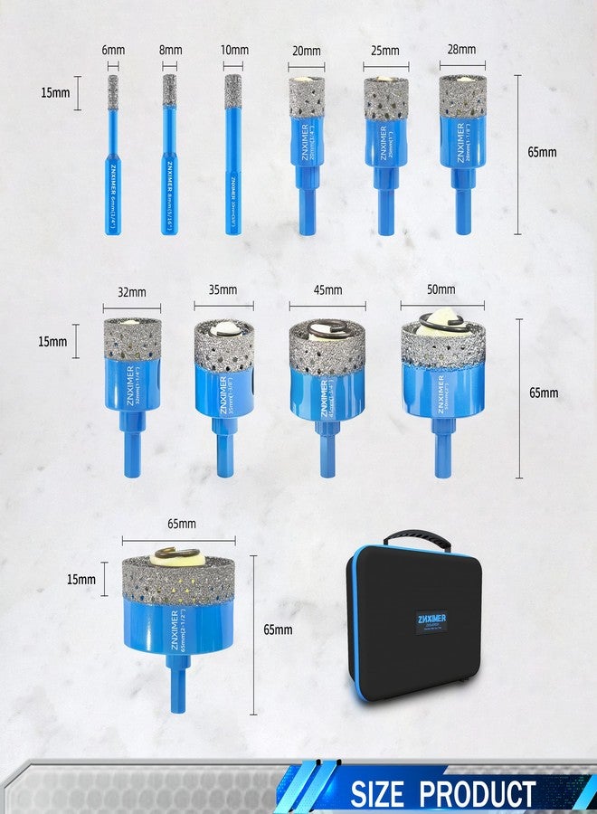 مجموعة رؤوس حفر ماسية - مجموعة منشار ثقب بلاط البورسلين من ZNXIMER للحفر في السيراميك والجرانيت والرخام وغيرها - 11 قطعة من رؤوس حفر البلاط الماسية (6/8/10/20/25/28/32/35/45/50/65 مم) - Image 2