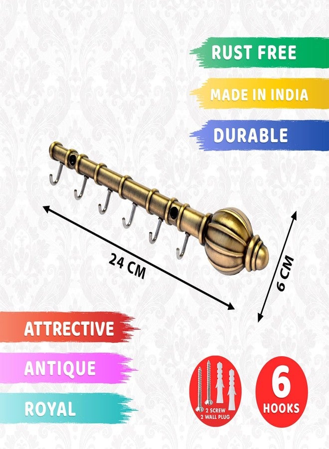 Indeed Lord Hanuman Gada Key Holder | Bajrangbali Key Stand & Antique Brass Metal 6 Hook Wall Mount Hanger | Home Decor Gift (22x5cm) - Image 2