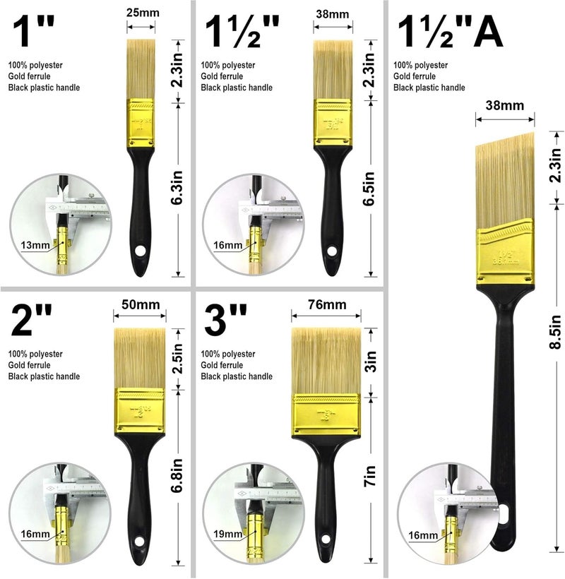 Greatandrew Great Andrew Paint Brushes, 5 Pack Great Value Multi use(3" 2" 1.5" 1" Flat &1.5" Angled) Paint Brush Pack, Paint Brushes Set for Home Furniture Fences Wall Trim - Image 4