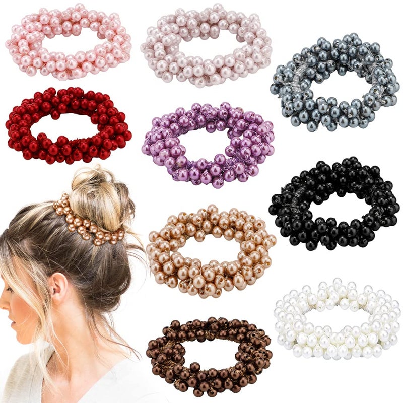 AHONEY 9Pcs Pearl Hair Ties Crystal Beads Bulk Hair Ropes Stretchy Handmade Boho Hair Accessories for Women Girls Multicolor Pearl