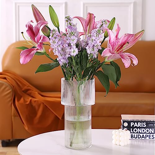 YANWE1 Large Glass Vase, 12 Inches Tall Vase for Flowers, Flower Vases for Bouquet, Modern Ribbed Glass Vases for Living Room, Dining Table, Office, Entryway, Mantle, Shelf, Wedding Gifts - Image 2