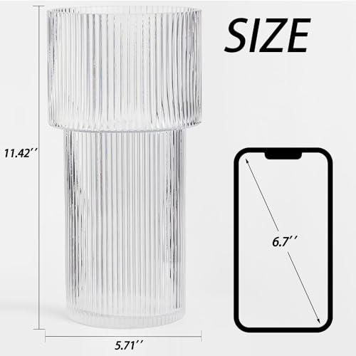 YANWE1 Large Glass Vase, 12 Inches Tall Vase for Flowers, Flower Vases for Bouquet, Modern Ribbed Glass Vases for Living Room, Dining Table, Office, Entryway, Mantle, Shelf, Wedding Gifts - Image 3
