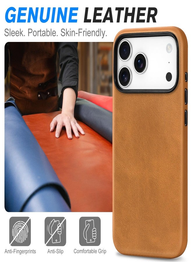 SHIELDON Genuine Leather Case for iPhone 17 Pro Max 6.9-inch, Magnetic Wireless Charging, Slim Fit, Soft Lining, Anti-Scratch, Non-Slip, Metal Buttons, Protective Phone Cover- Retro Light Brown - Image 3