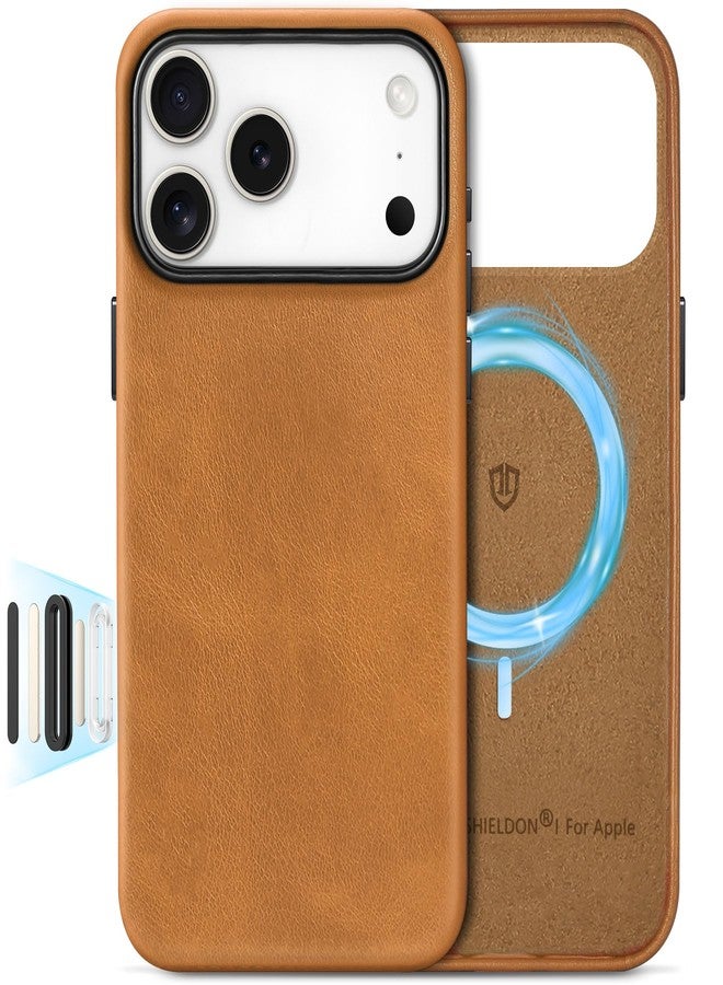 SHIELDON Genuine Leather Case for iPhone 17 Pro Max 6.9-inch, Magnetic Wireless Charging, Slim Fit, Soft Lining, Anti-Scratch, Non-Slip, Metal Buttons, Protective Phone Cover- Retro Light Brown - Image 1