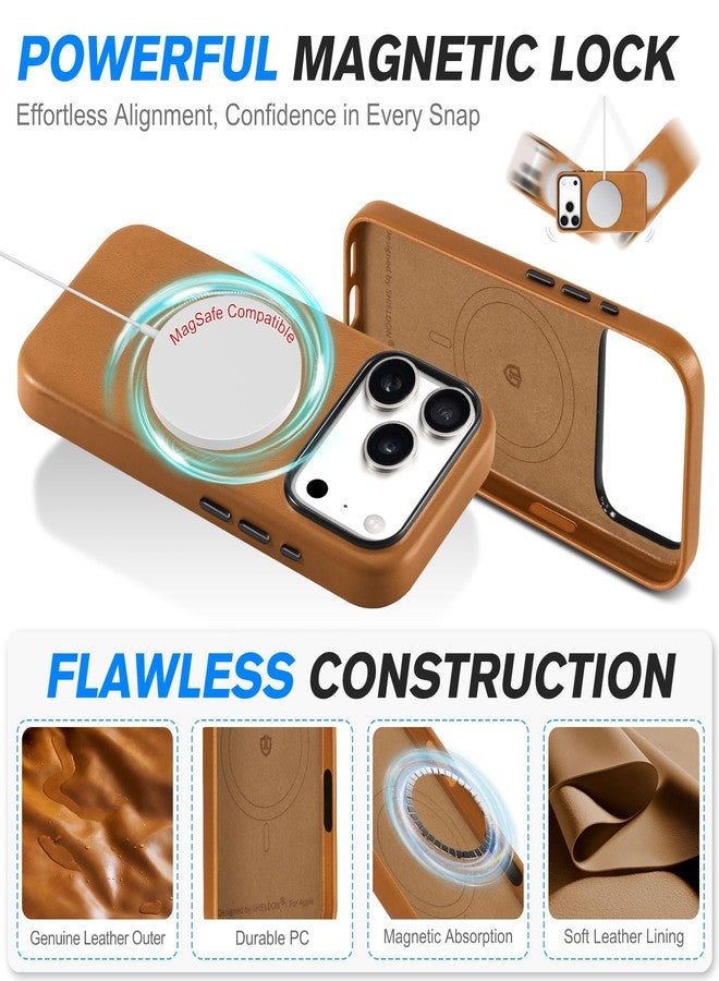 SHIELDON Genuine Leather Case for iPhone 17 Pro Max 6.9-inch, Magnetic Wireless Charging, Slim Fit, Soft Lining, Anti-Scratch, Non-Slip, Metal Buttons, Protective Phone Cover- Retro Light Brown - Image 5