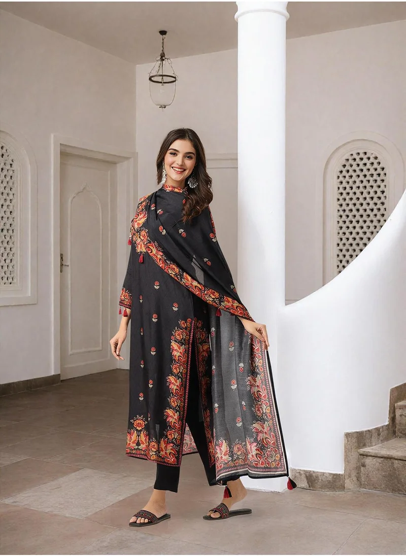 آي شين Women's Black Muslin Embellished Tunic Full Length Casual Straight Fit Kurta Set