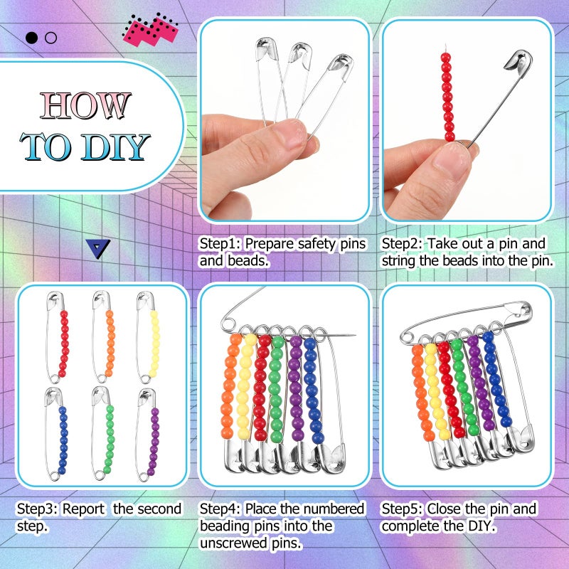 FineCheer 80 Safety Pin Fashion Bulk Include Safety Pin and Small Beads, Flag Bead Craft Kit, Patriotic Craft, Friendship Beads Fun and Funky Bead Brooch for 80s Party (6 Colors) - Image 4