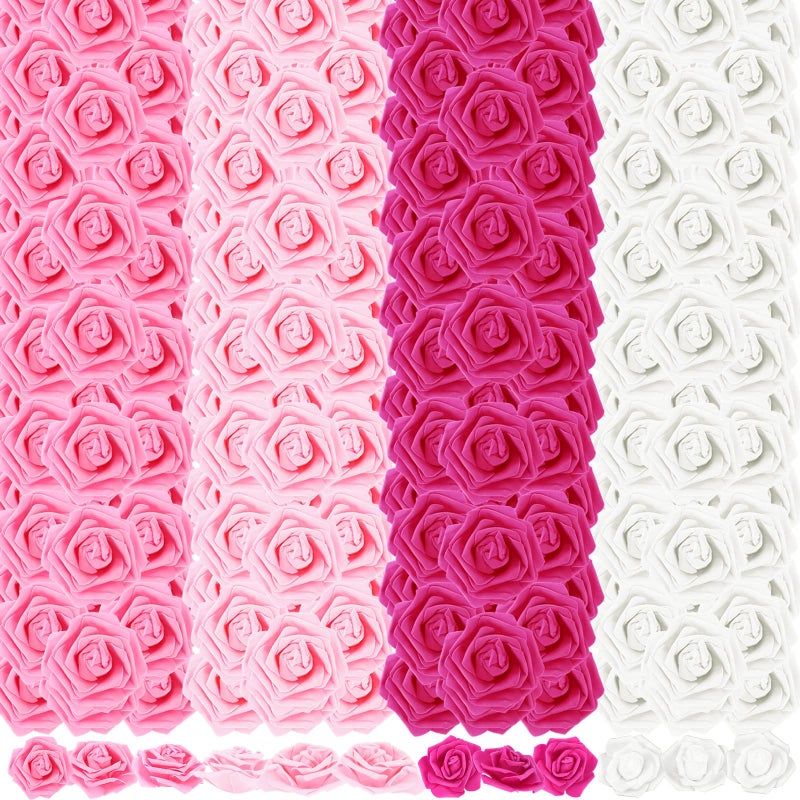 Sinmoe 600 Pieces Artificial Rose Flower Heads Decorations 3 Inch Stemless Flowers for Weddings Bouquets DIY Crafts 4 Colors Pink White Foam Fake Roses for Baby Shower Arrangements Party Home