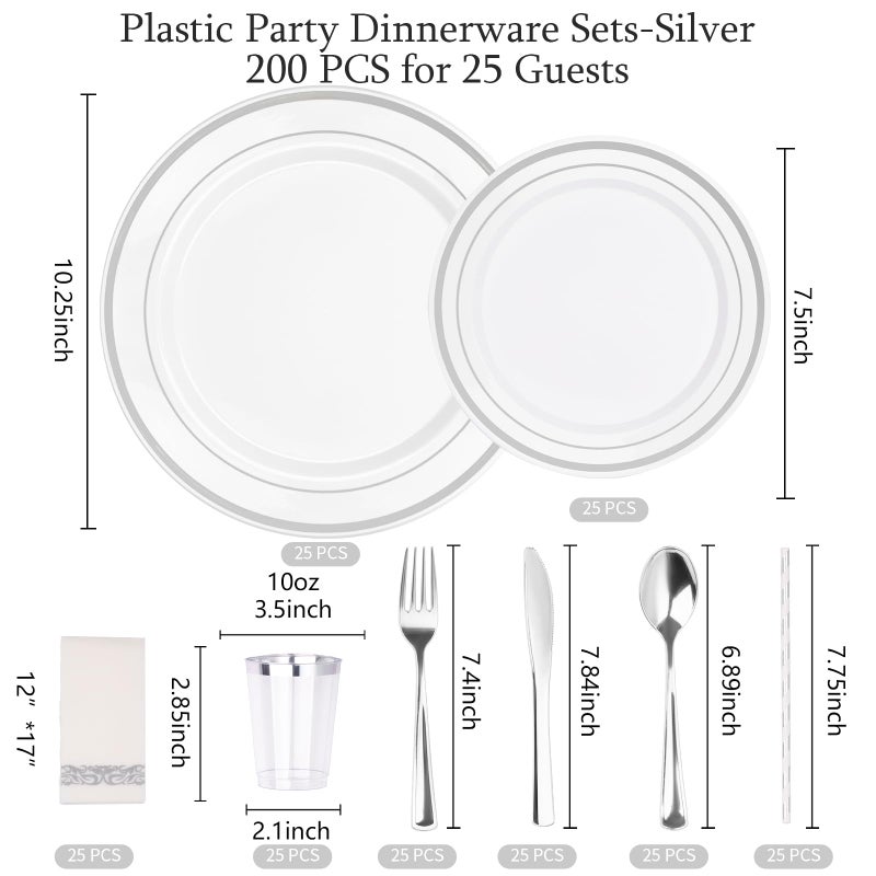 ISFANGCO 200 PCS Silver Dinnerware Set for 25 Guests  Silver Rimmed Heavy Duty Plastic Disposable Plates for Party Wedding with 25 Dinner Plates Dessert Plates  Silverware Set  Cups  Napkins  Straws - Image 2