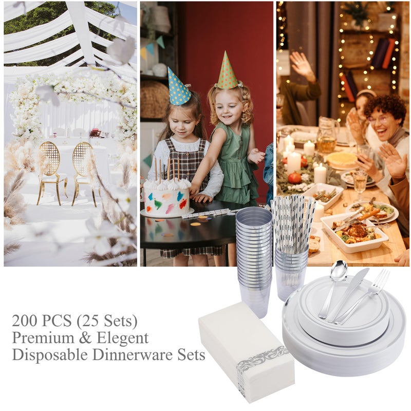 ISFANGCO 200 PCS Silver Dinnerware Set for 25 Guests  Silver Rimmed Heavy Duty Plastic Disposable Plates for Party Wedding with 25 Dinner Plates Dessert Plates  Silverware Set  Cups  Napkins  Straws - Image 4