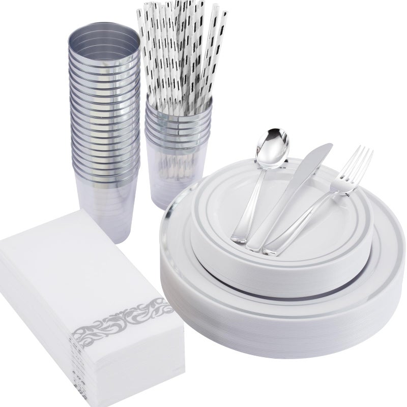 ISFANGCO 200 PCS Silver Dinnerware Set for 25 Guests  Silver Rimmed Heavy Duty Plastic Disposable Plates for Party Wedding with 25 Dinner Plates Dessert Plates  Silverware Set  Cups  Napkins  Straws - Image 1