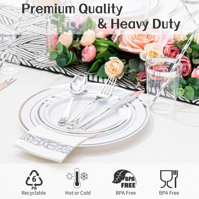 ISFANGCO 200 PCS Silver Dinnerware Set for 25 Guests  Silver Rimmed Heavy Duty Plastic Disposable Plates for Party Wedding with 25 Dinner Plates Dessert Plates  Silverware Set  Cups  Napkins  Straws - Image 3