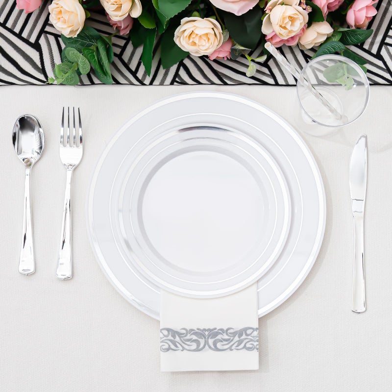 ISFANGCO 200 PCS Silver Dinnerware Set for 25 Guests  Silver Rimmed Heavy Duty Plastic Disposable Plates for Party Wedding with 25 Dinner Plates Dessert Plates  Silverware Set  Cups  Napkins  Straws - Image 5