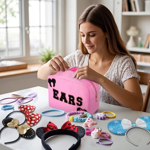 Dealkion Headband Holder Organizer Headband Storage Mouse Ear Holder Bag Hair Accessories Organizer Chenille Letter Makeup Bag Park Travel Essentials Gifts for Women - Image 3