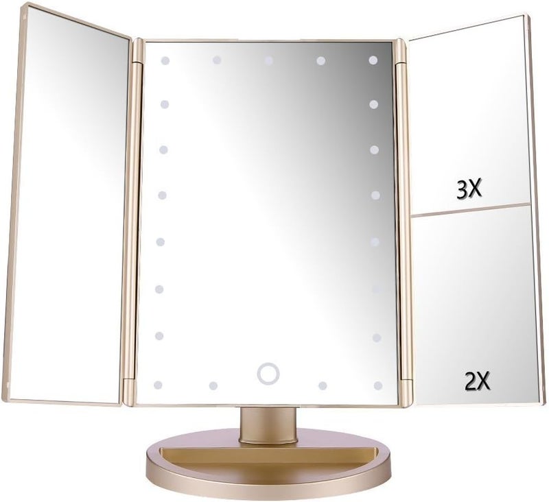 deweisn Floor Mount Tri-Fold Lighted Vanity Mirror with 21 LED Lights, Touch Screen and 3X/2X/1X Magnification, Two Power Supply Modes Make Up Mirror,Travel Mirror - Image 1