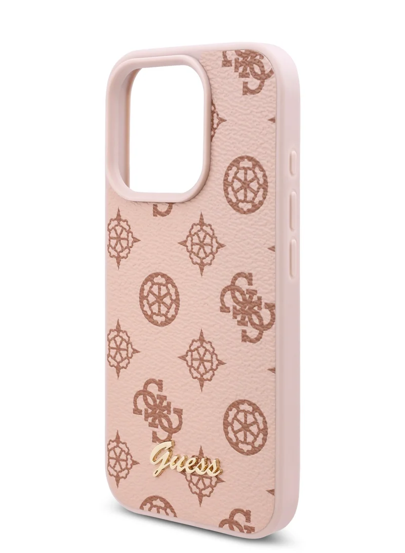 GUESS iPhone 16 Pro Max Case PU Leather Hard Cover with Peony Script Logo / Slim Profile/ Easy Snap-On/ Comfortable Grip - Pink