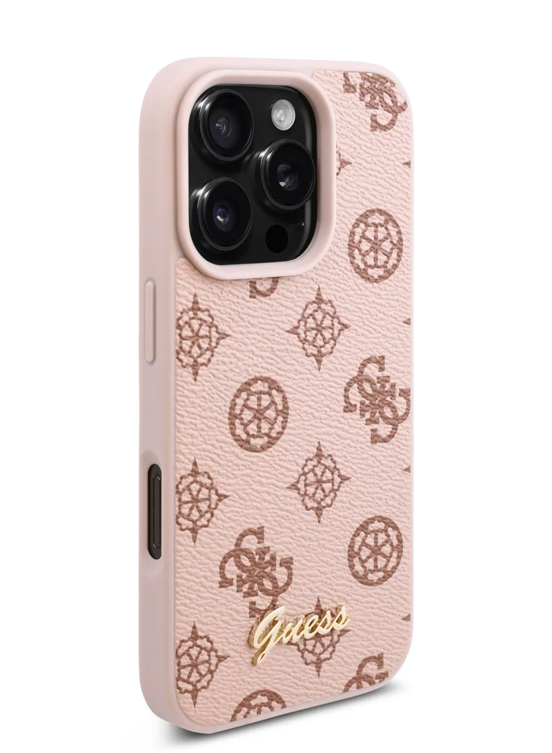 GUESS iPhone 16 Pro Max Case PU Leather Hard Cover with Peony Script Logo / Slim Profile/ Easy Snap-On/ Comfortable Grip - Pink