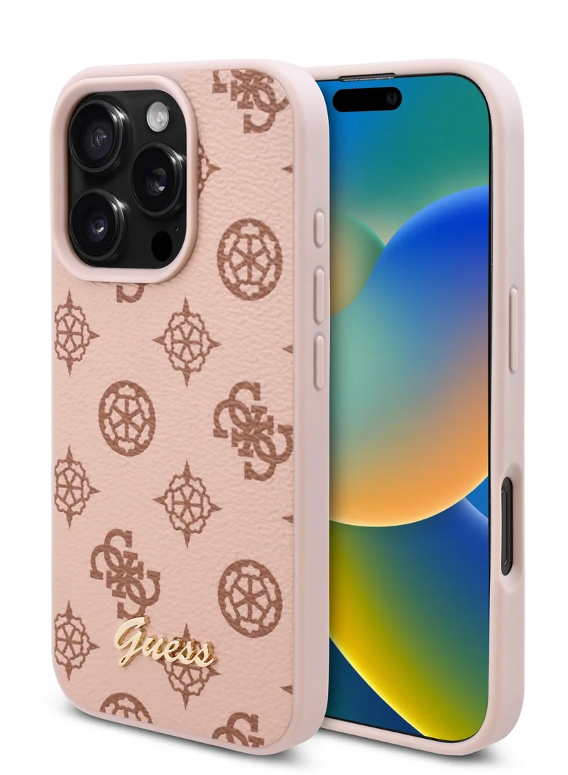 GUESS iPhone 16 Pro Max Case PU Leather Hard Cover with Peony Script Logo / Slim Profile/ Easy Snap-On/ Comfortable Grip - Pink