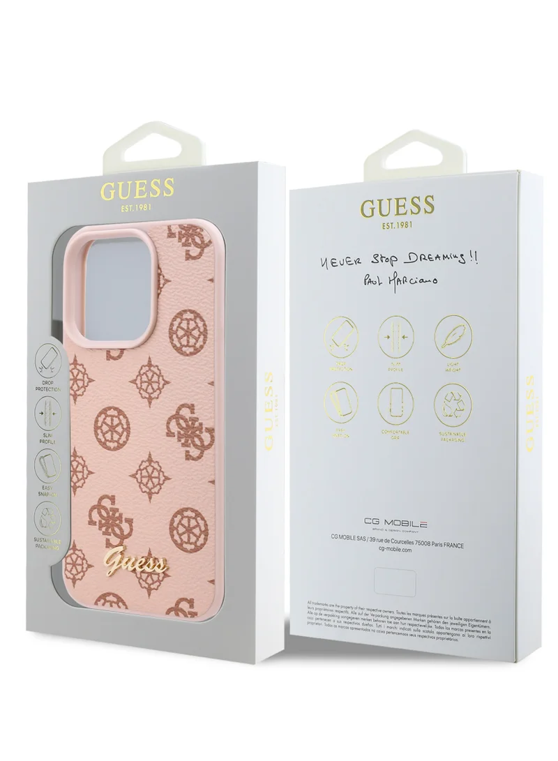 GUESS iPhone 16 Pro Max Case PU Leather Hard Cover with Peony Script Logo / Slim Profile/ Easy Snap-On/ Comfortable Grip - Pink