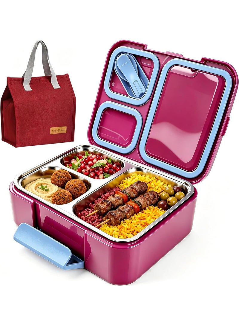 Stainless Steel Bento Lunch Box for Kids,Microwave-Safe 3-Compartment Leakproof Snack Container with Lunch Bag for Boys,Girls, 304 Tiffin Box Food Storage for School,Office, Travel (Red) - Image 1
