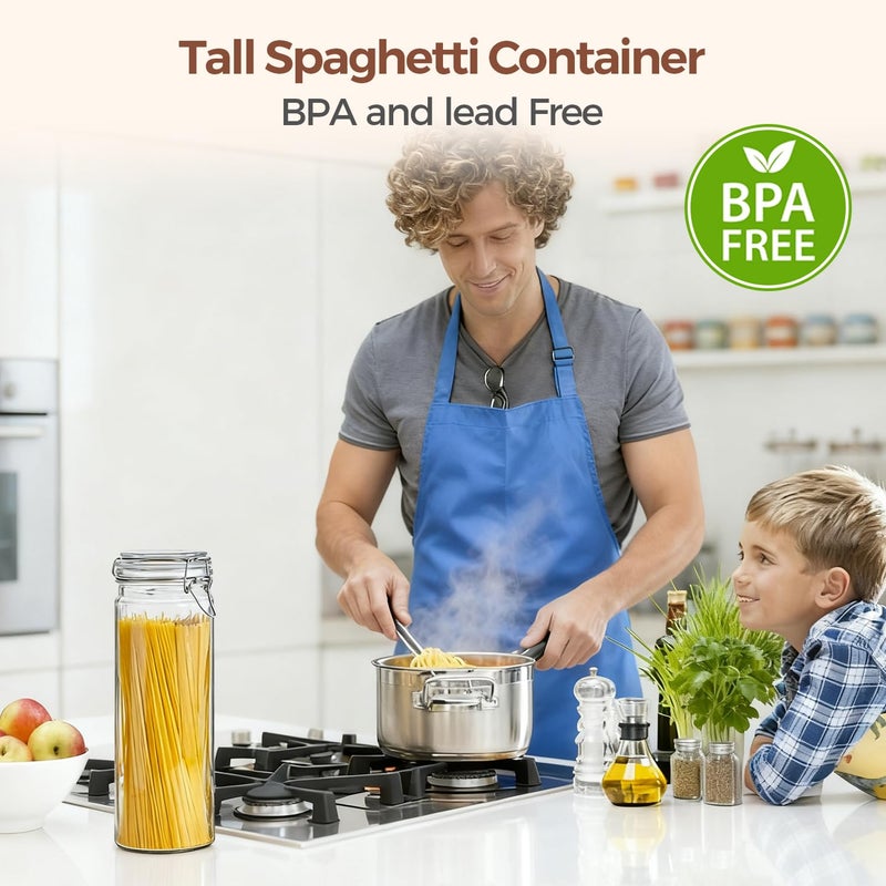 ComSaf 3-Pack 68oz 13-Inch Tall Glass Pasta Containers for Spaghetti & Long Pasta, Slender Airtight Canisters for Vertical Pantry Organization, Food Storage Jars for Linguine & Breadsticks - Image 5