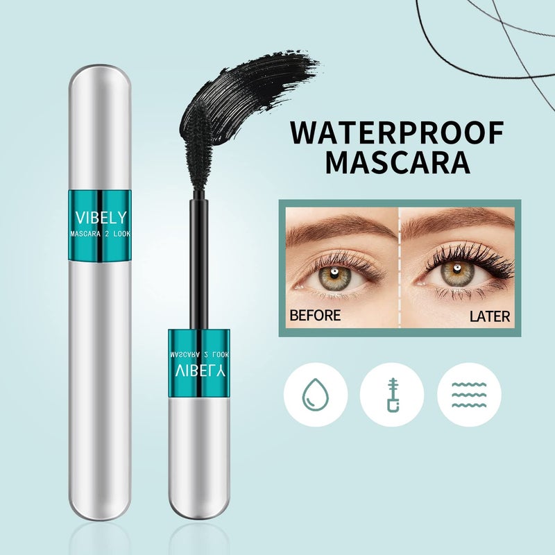 Vibely 2 Pack 2 in 1 Mascara 5x Longer Waterproof Lash Cosmetics Natural Lengthening and Thickening Effect No Clumping Superstrong Magic 4d Silk Fiber For Vibely Mascara Makeup (2 Pack) - Image 3