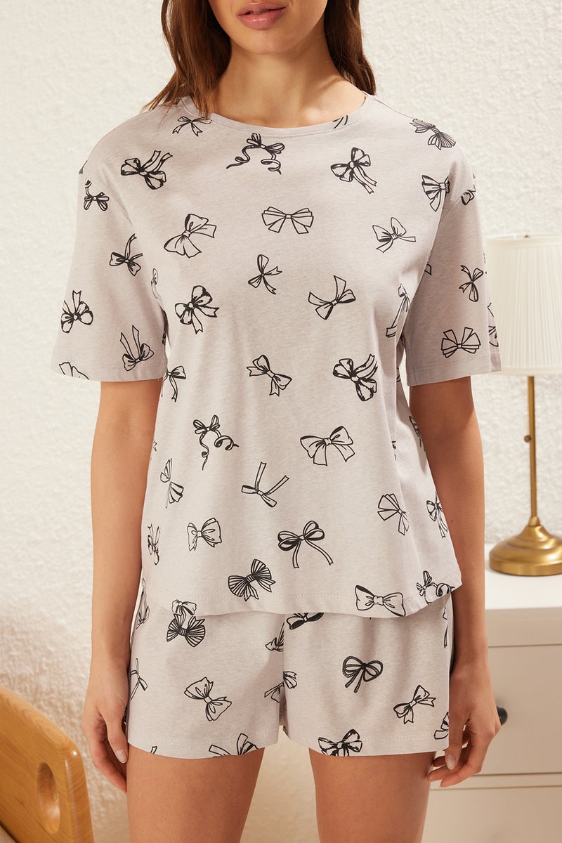 trendyol Gray Bow Ribbon Shorts Knitted Pajamas Set  100% Cotton - Image 4