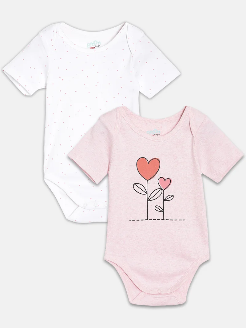 Broon Broon Infant Girls White and Pink Printed Pure Organic Cotton Bodysuit Pack of 2