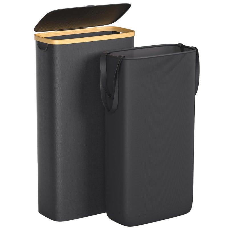 Foluck Slim Laundry Hamper, 60L Waterproof Narrow Laundry Basket with Lid and Removable Bag, Collapsible Tall Clothes Hamper with Bamboo Handles for Clothes Toys in Dorm Bedroom Bathroom, Black - Image 1