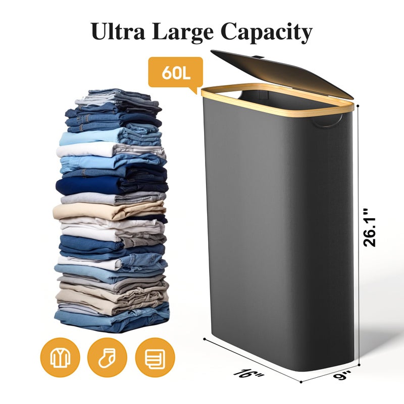 Foluck Slim Laundry Hamper, 60L Waterproof Narrow Laundry Basket with Lid and Removable Bag, Collapsible Tall Clothes Hamper with Bamboo Handles for Clothes Toys in Dorm Bedroom Bathroom, Black - Image 2