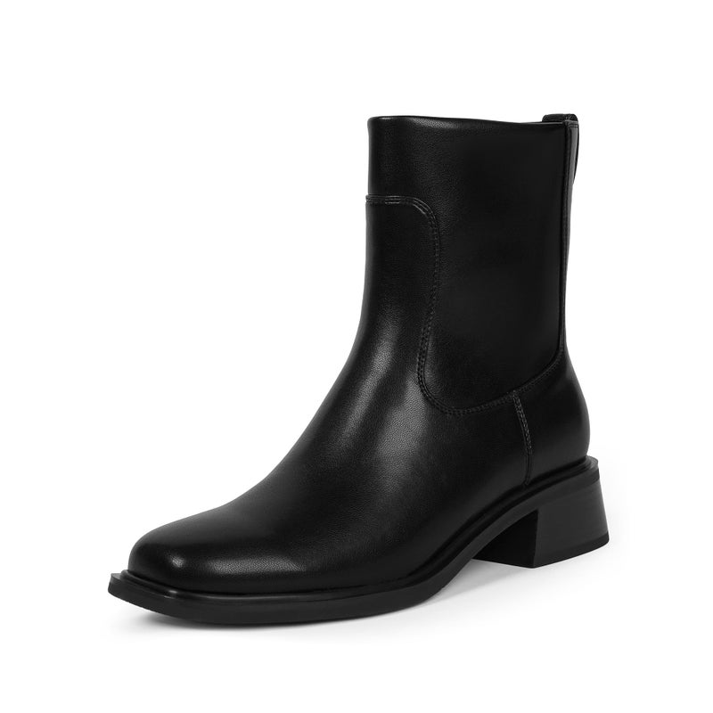 QIY Black Boots for Women Ankle Booties Faux Leather Ankle Boots Block Chunky Black Faux Leather Square Toe Low Heel Flat Fall Gogo Booties Size 9.5 - Image 1