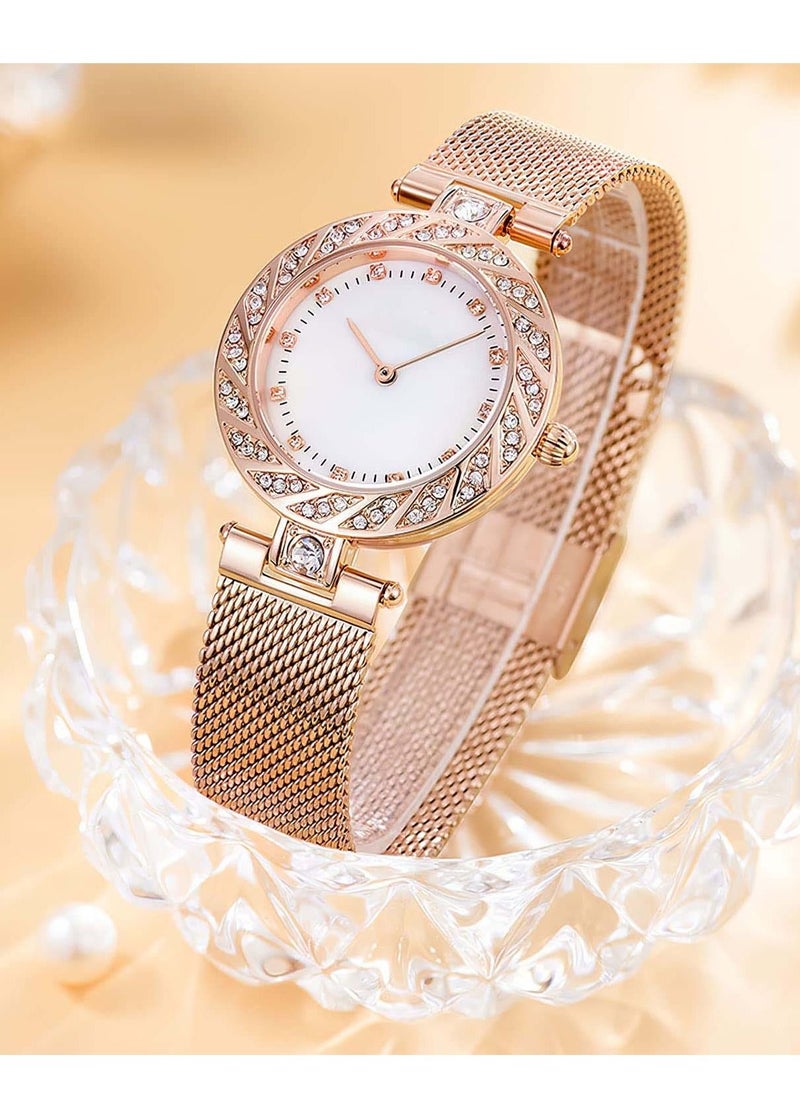 Excefore - Elegant Women Watch Set, 3 Pcs Lady Watches with Bracelet and Necklace Set, Analogue Quartz Diamond Watches with Stainless Steel Strap, Rose Gold Watch and Jewelry Set - Image 1