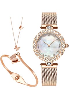 Elegant Women Watch Set, 3 Pcs Lady Watches with Bracelet and Necklace Set, Analogue Quartz Diamond Watches with Stainless Steel Strap, Rose Gold Watch and Jewelry Set