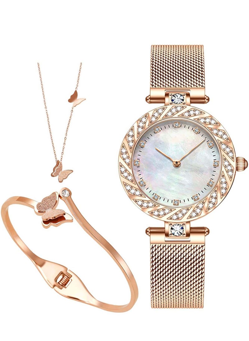 Excefore - Elegant Women Watch Set, 3 Pcs Lady Watches with Bracelet and Necklace Set, Analogue Quartz Diamond Watches with Stainless Steel Strap, Rose Gold Watch and Jewelry Set - Image 1