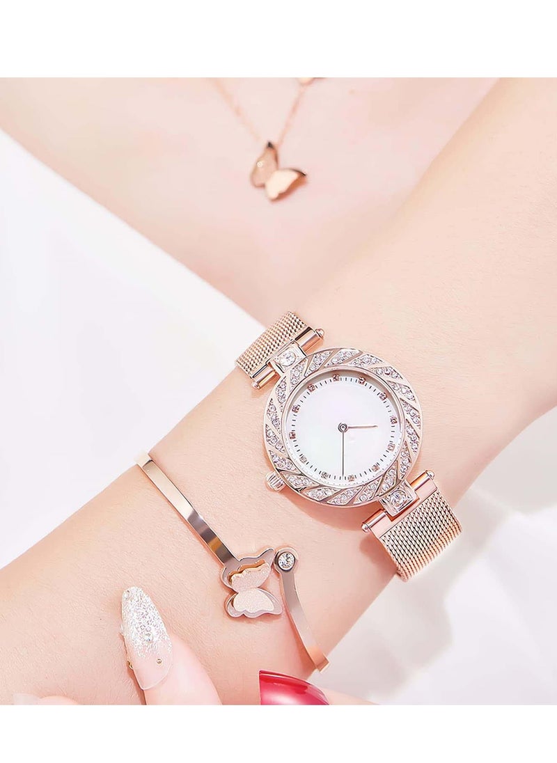 Excefore - Elegant Women Watch Set, 3 Pcs Lady Watches with Bracelet and Necklace Set, Analogue Quartz Diamond Watches with Stainless Steel Strap, Rose Gold Watch and Jewelry Set - Image 1