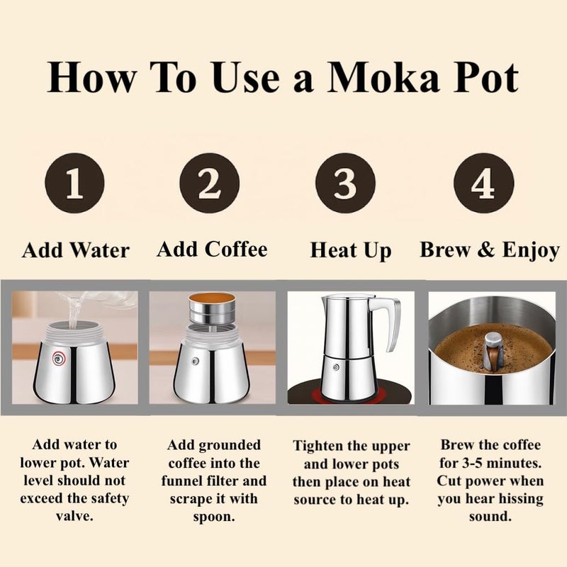 Natier Stainless Steel Stovetop Espresso Maker â€“ Italian Moka Pot, Induction Compatible Espresso Coffee Maker with Safety Valve (6 Cups) - Image 5