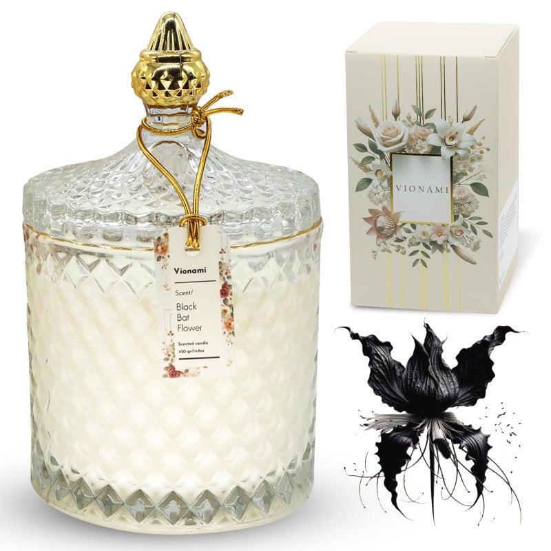 VIONAMI Luxury Scented Candle Gift â€“ Black Bat Rare Flower Fragrance in Elegant Glass Jar, Decorative Soy Candles Gifts for Women, Long-Lasting 80 Hr, 14.8 oz, Luxury Candles for Women - Image 1