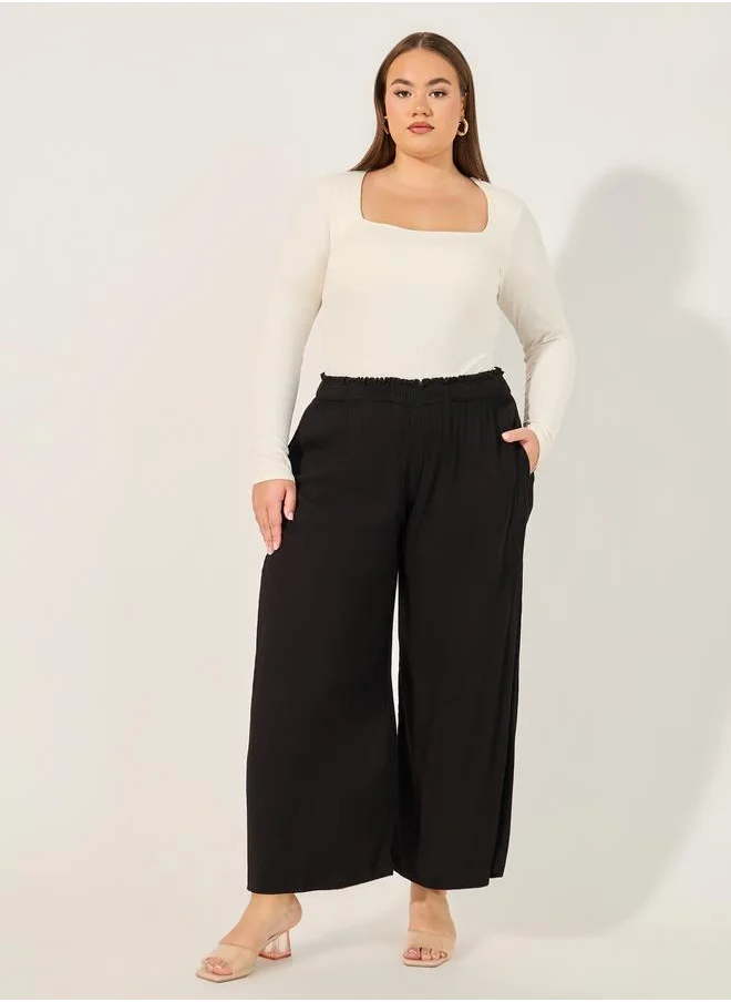 ستايلي Styli Plus Size Solid Crinkled Wide Leg Ankle Length Pants