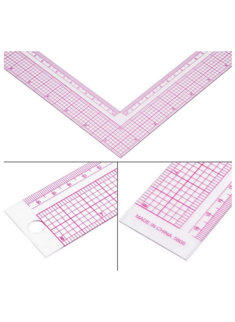 Generic - 1PC L-Shape Sewing Ruler Plastic L-Square Curve Ruler with Metric & Inch Measurements, Right Angle Tailor Craft Tool for Drawing, Cutting, Durable Transparent Grid Design - Image 1