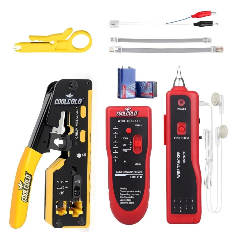 COOLCOLD LAN Tester & RJ45 Crimping Tool Kit – Network Cable Tester for RJ11/RJ45 CAT5/5e/6/7 Ethernet, Line Finder for Open/Short Circuit | Pass Through Crimp Tool 6P 8P STP/UTP (Multi-Color) - Image 1